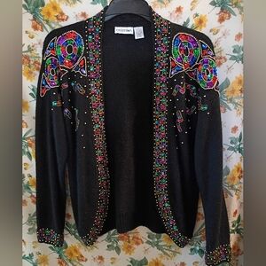 Vintage 80's 90's Women's Christina Black Cardigan with Multicolor Beading